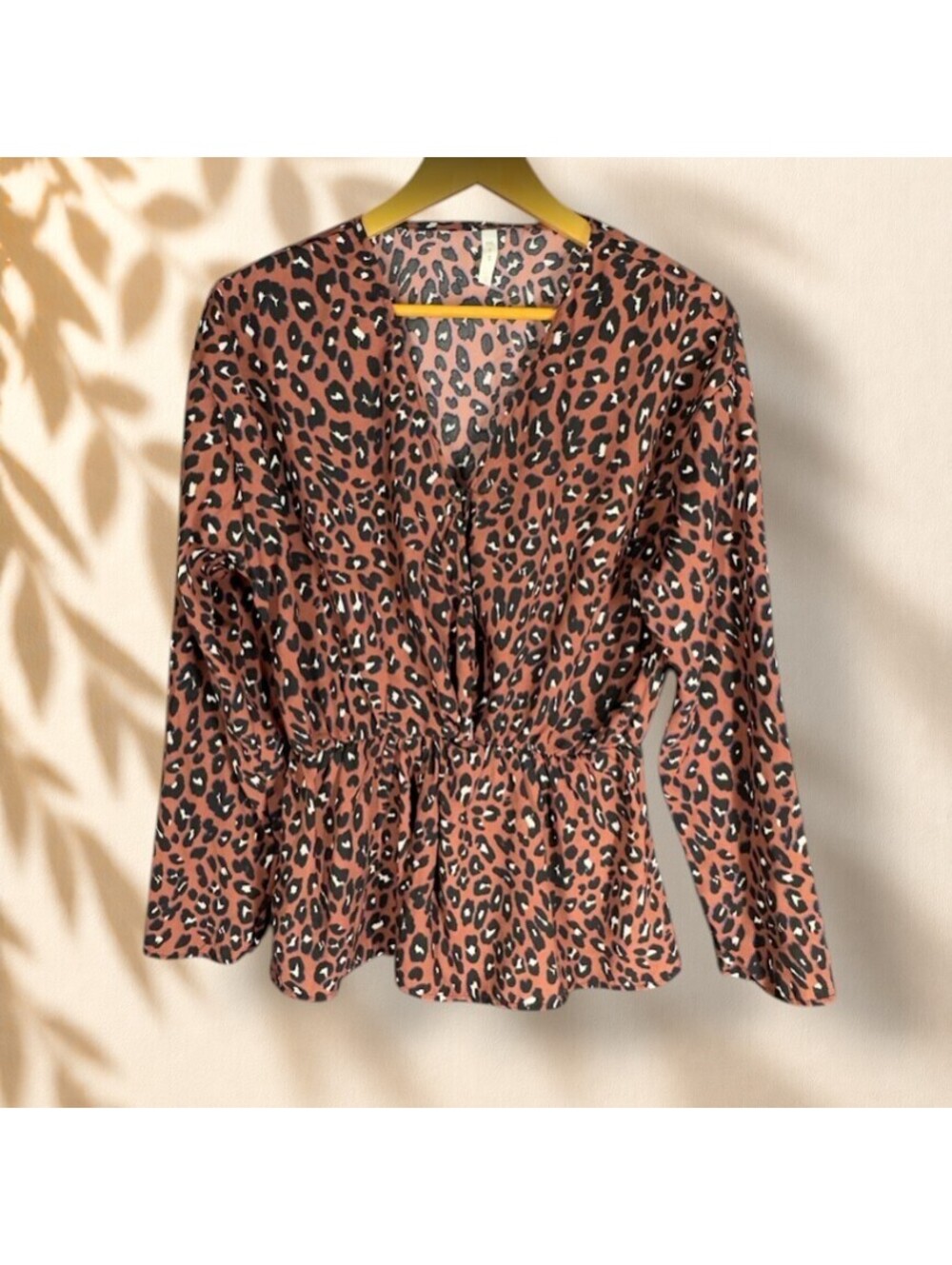 MTS Blouse Women L Large Brown Animal Print V-Neck Long Sleeve Casual Pullover